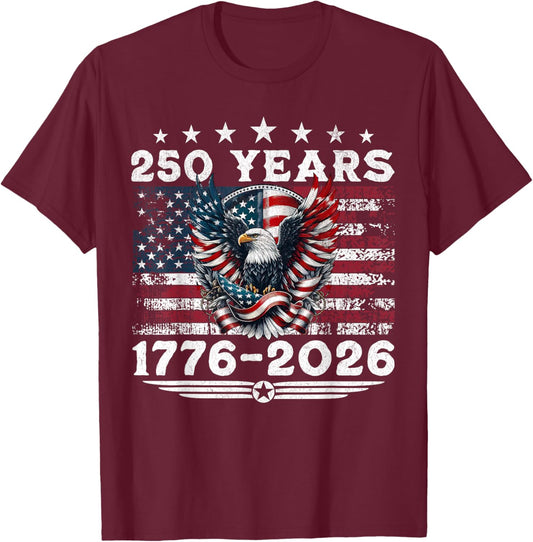 4th of July American Flag Vintage 250 Years 1776 2026 USA T-Shirt - T-Shirt | Maroon