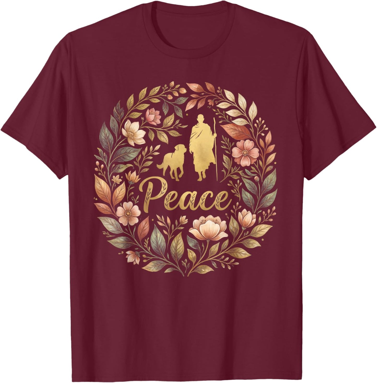 Retro Walk for Peace Monks with Aloka Dog Minimalist Zen Art T-Shirt - T-Shirt | Maroon