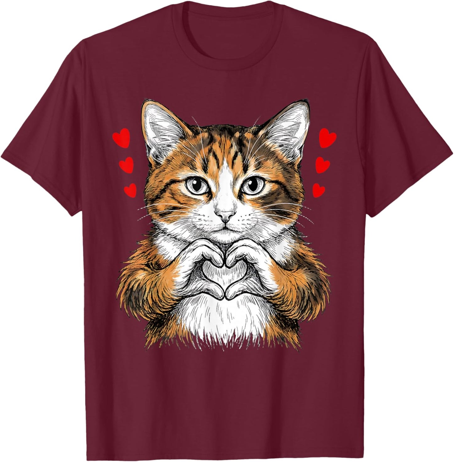 Cat Making Heart Sign Valentine Day Cute Kitten Love Cats T-Shirt - T-Shirt | Maroon