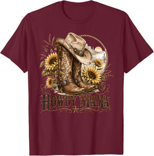 Mama Western Retro Groovy Cow Skull Country Rodeo Mother Day T-Shirt - T-Shirt | Maroon