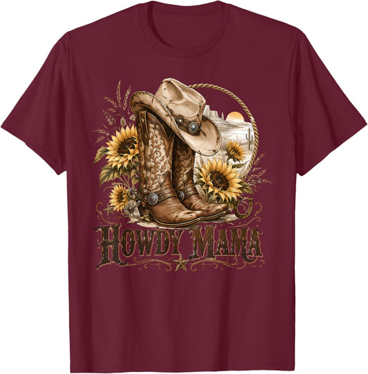 Mama Western Retro Groovy Cow Skull Country Rodeo Mother Day T-Shirt - T-Shirt | Maroon