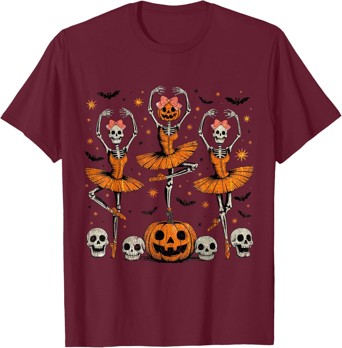Girls Halloween Ballet Skeleton Pumpkin Girls Skeleton Women T-Shirt - T-Shirt | Maroon