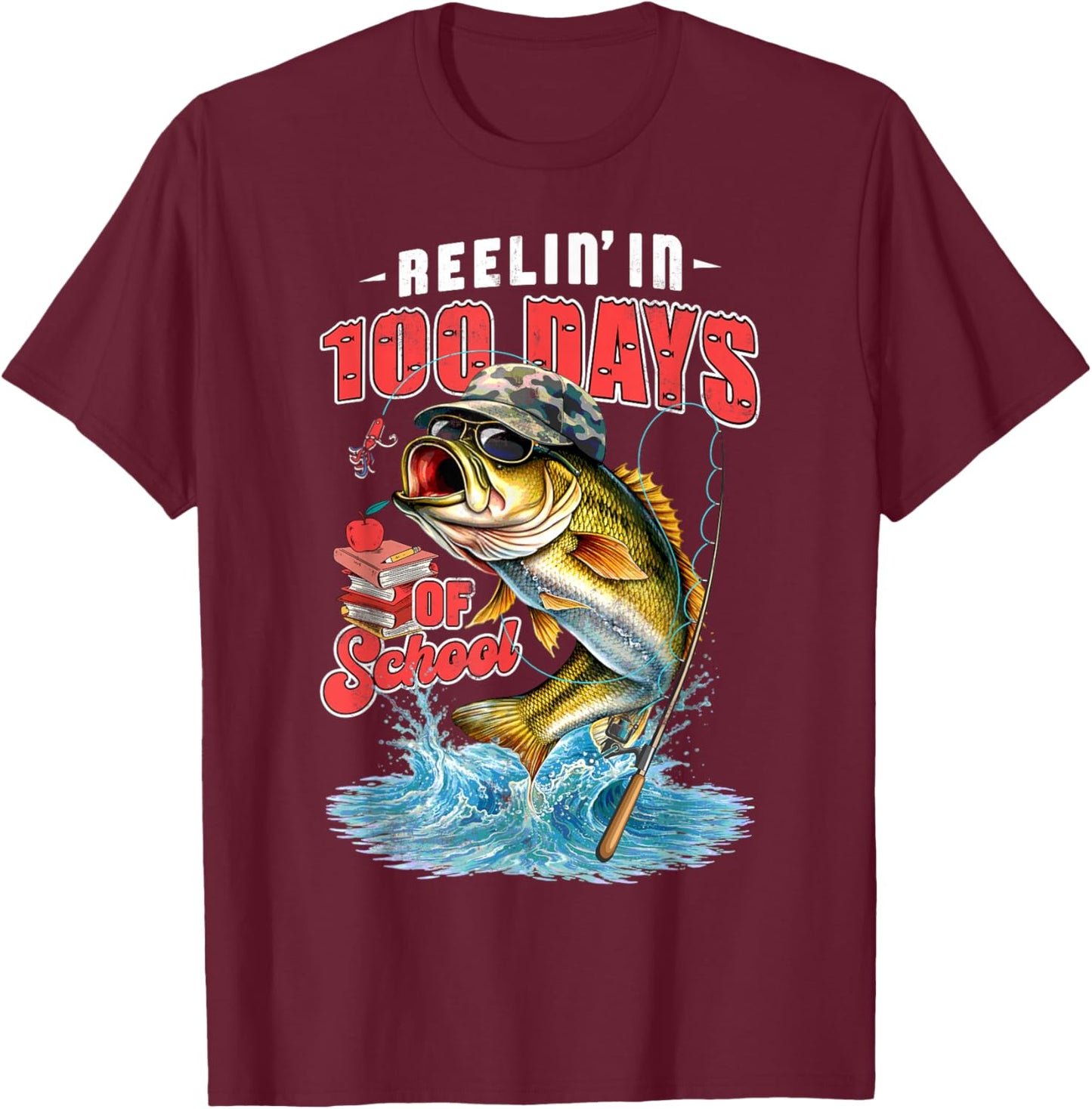 Reelin’ in 100 Days of School Camo Bass Fishing Teacher Boys T-Shirt - T-Shirt | Maroon
