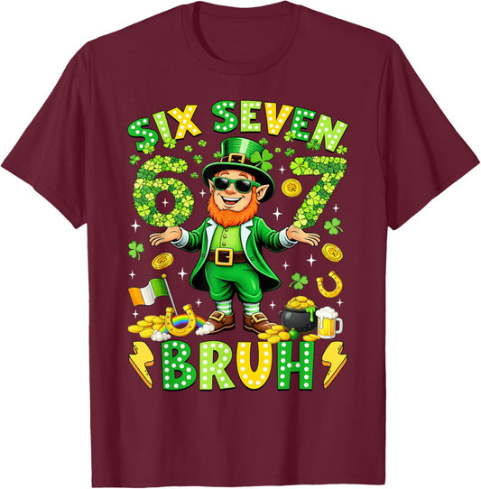 Six Seven Bruh St Patricks Day Leprechaun Meme 6 7 Boys Kids T-Shirt - T-Shirt | Maroon