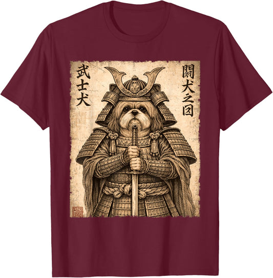 Vintage Shih Tzu Samurai Funny Japanese Warrior Dog T-Shirt - T-Shirt | Maroon