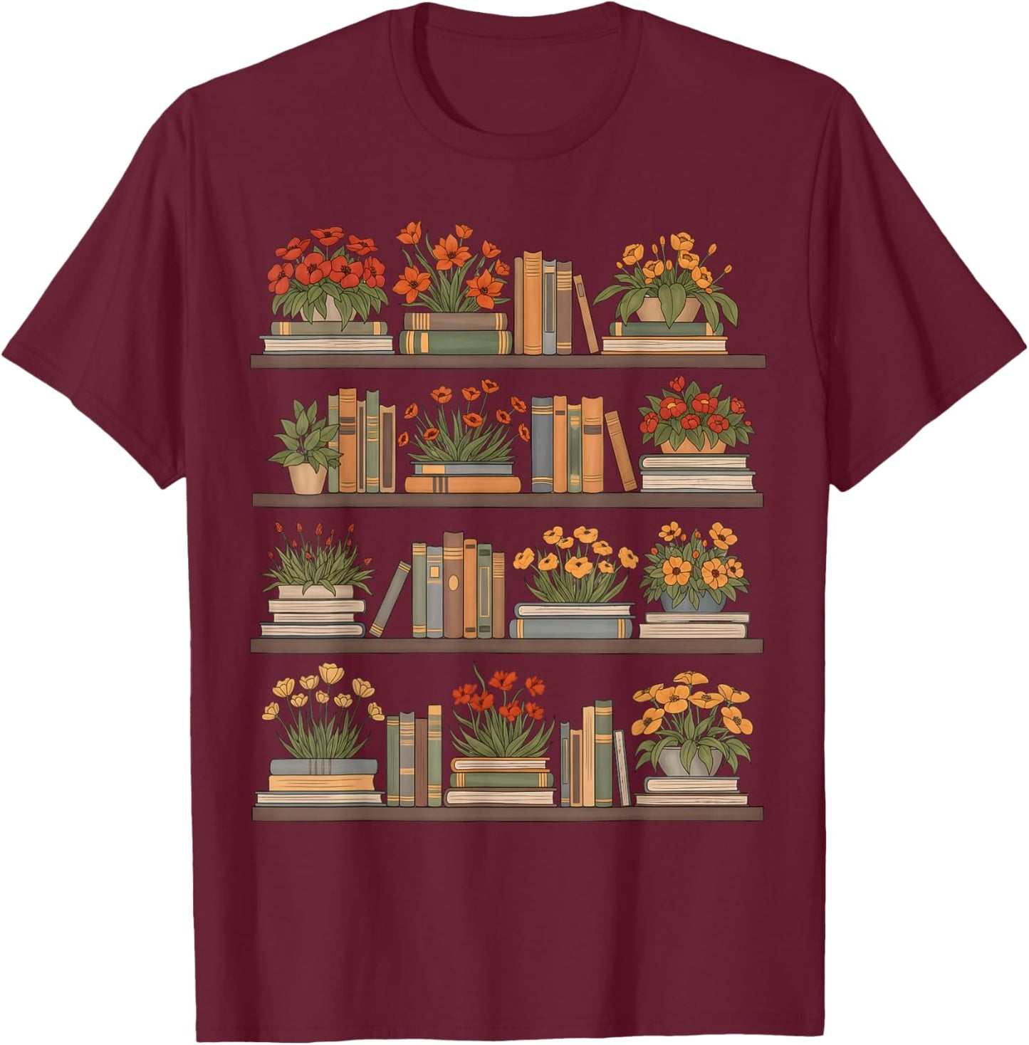 Whimsical Books and Blooms T-Shirt - T-Shirt | Maroon