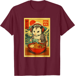 Opossum Gaming Ramen Japanese Ukiyo-e Great Wave Retro Art T-Shirt - T-Shirt | Maroon