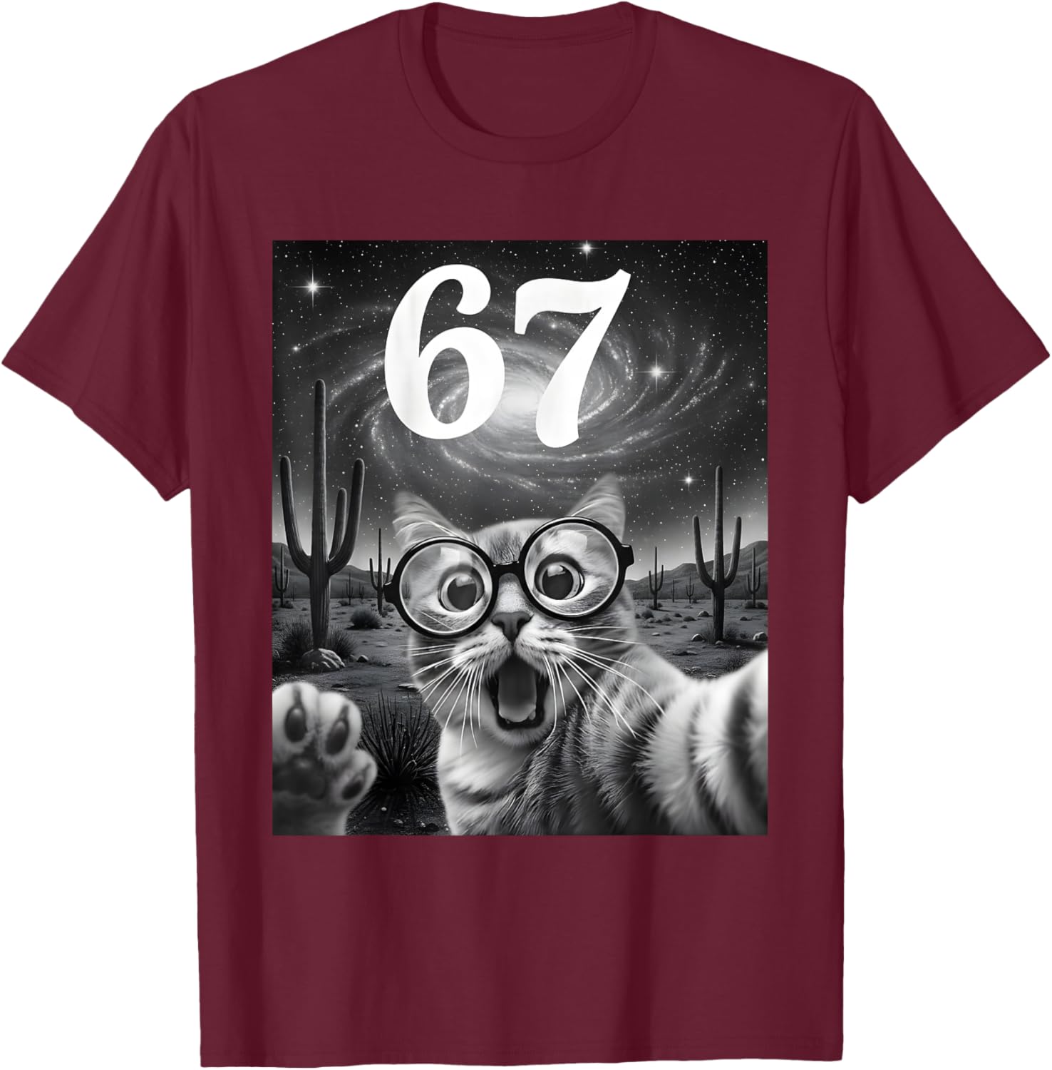 Funny Scared Cat Selfie with 6 7 Meme Women Kid T-Shirt - T-Shirt | Maroon