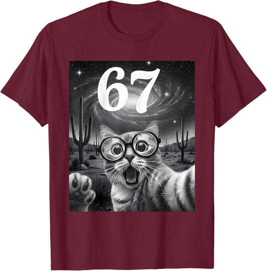 Funny Scared Cat Selfie with 6 7 Meme Women Kid T-Shirt - T-Shirt | Maroon