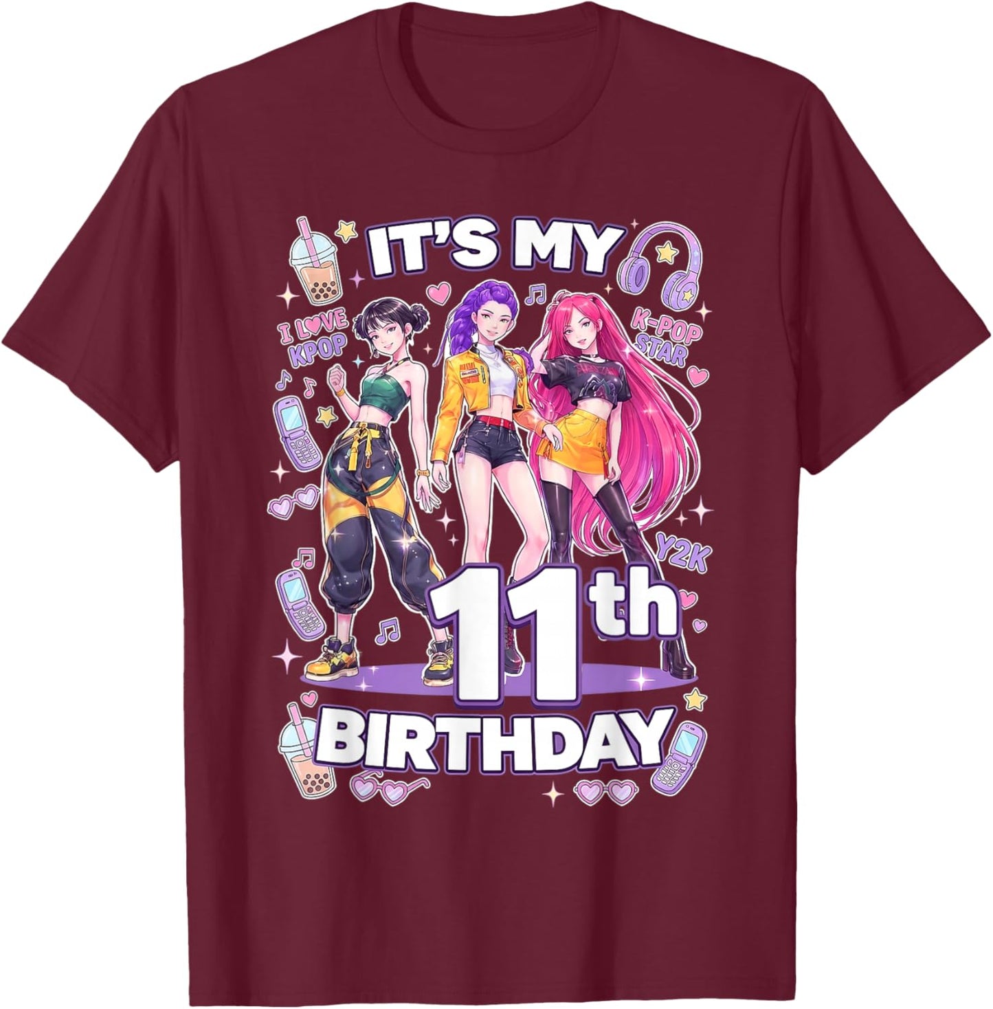 11th Birthday 11 Year Old Girl Korean Pop Kpop Bday Party T-Shirt - T-Shirt | Maroon