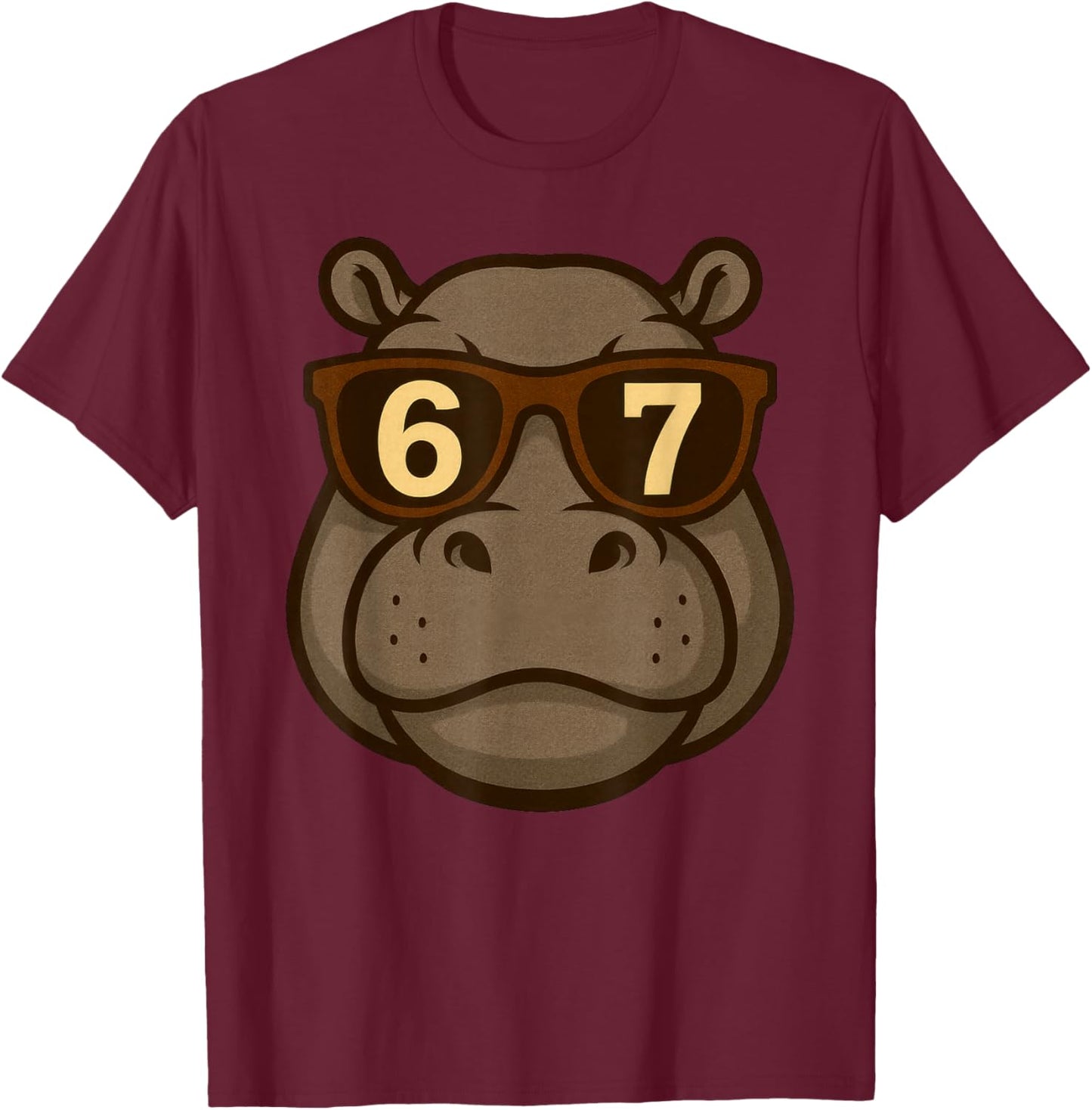 Funny Hippopotamus Hippo Sunglasses 67 Six Seven Meme T-Shirt - T-Shirt | Maroon