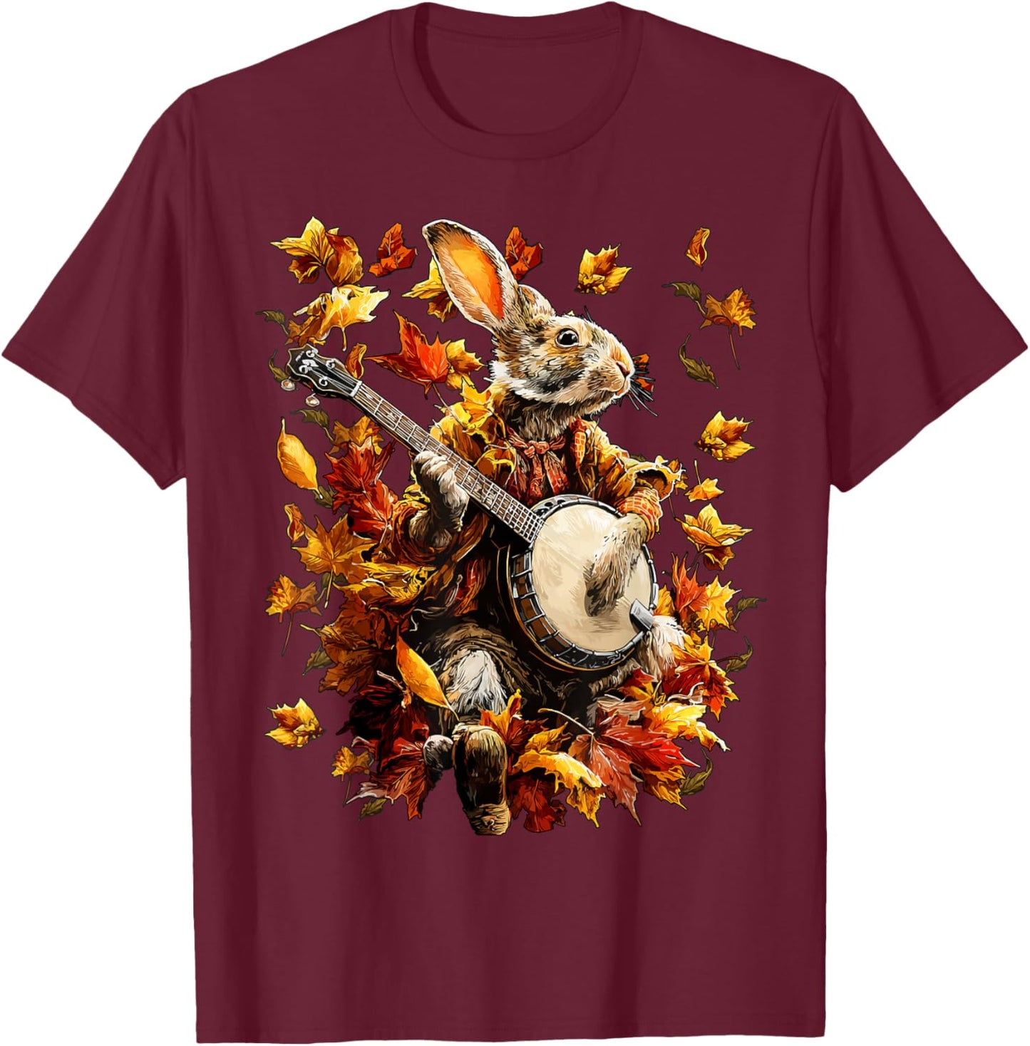 Banjoist Rabbit Playing Banjo Picker Fall Leaves Autumn Art T-Shirt - T-Shirt | Maroon