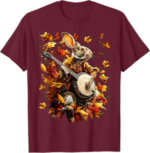Banjoist Rabbit Playing Banjo Picker Fall Leaves Autumn Art T-Shirt - T-Shirt | Maroon