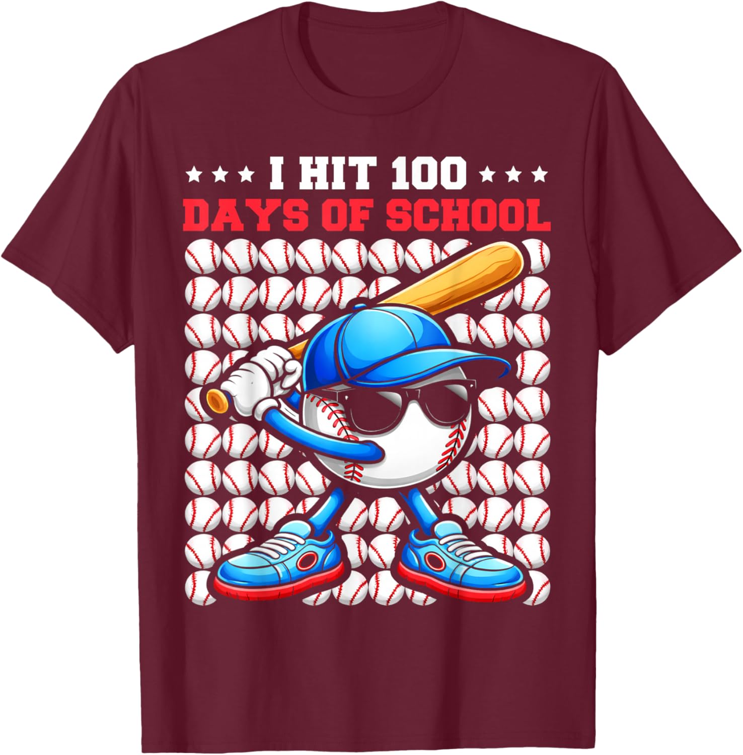 I Hit 100 Days of School Funny Baseball Player Kids Boys Son T-Shirt - T-Shirt | Maroon