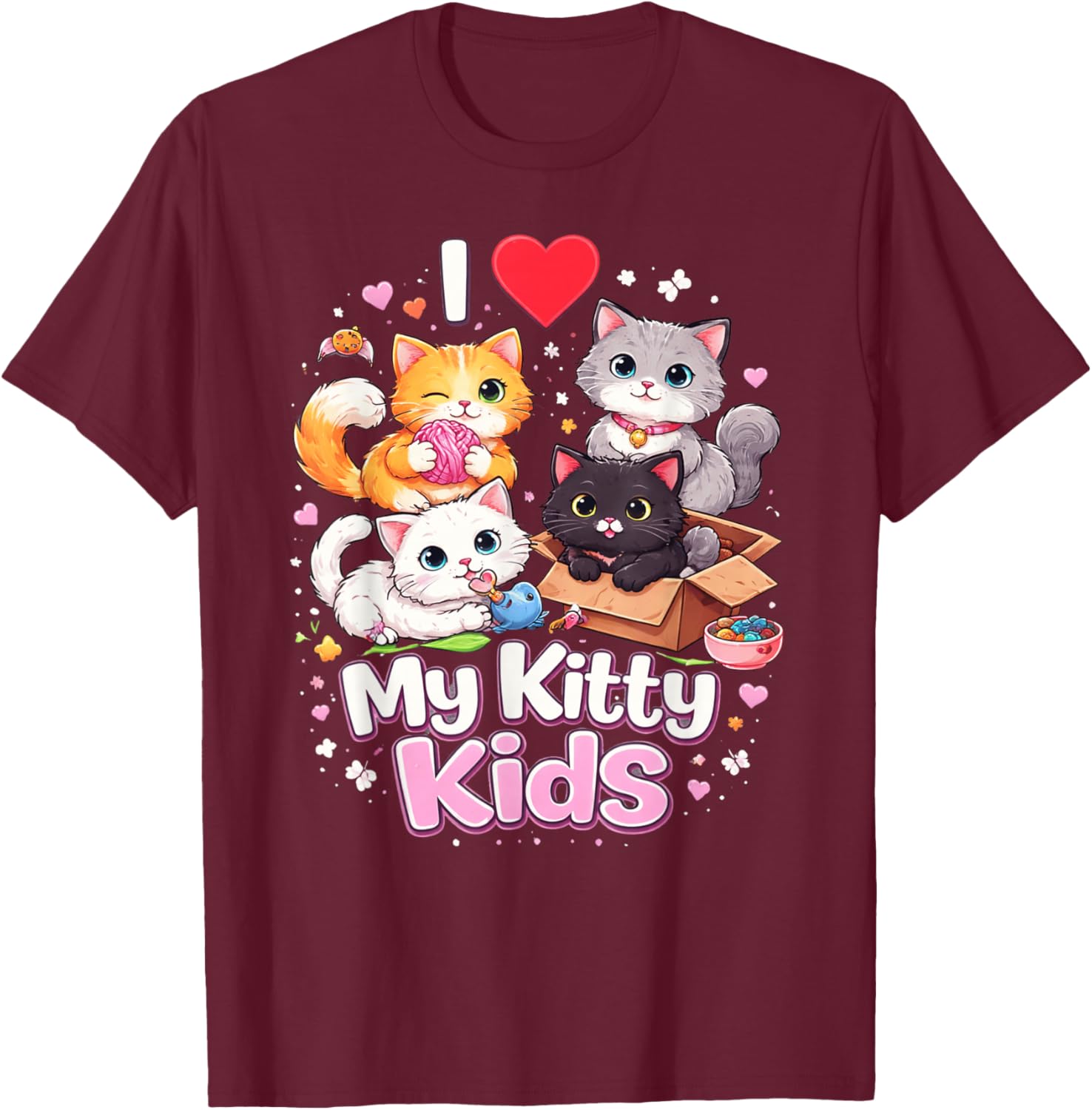 I Love My Kitty Kids Cute Cat Graphic T-Shirt - T-Shirt | Maroon