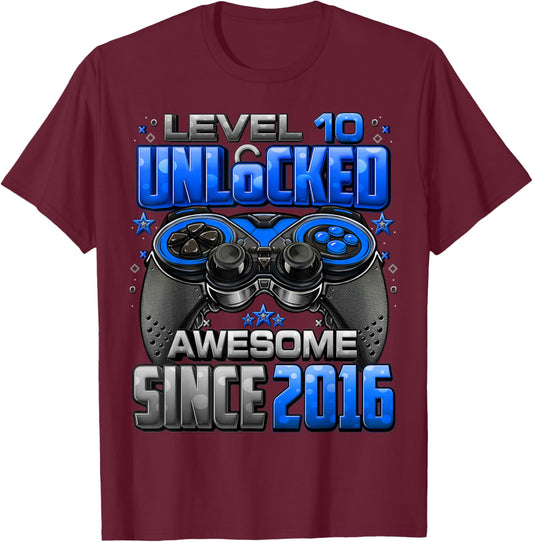Level 10 Unlocked Awesome Since 2016 10th Birthday Gaming T-Shirt - T-Shirt | Maroon