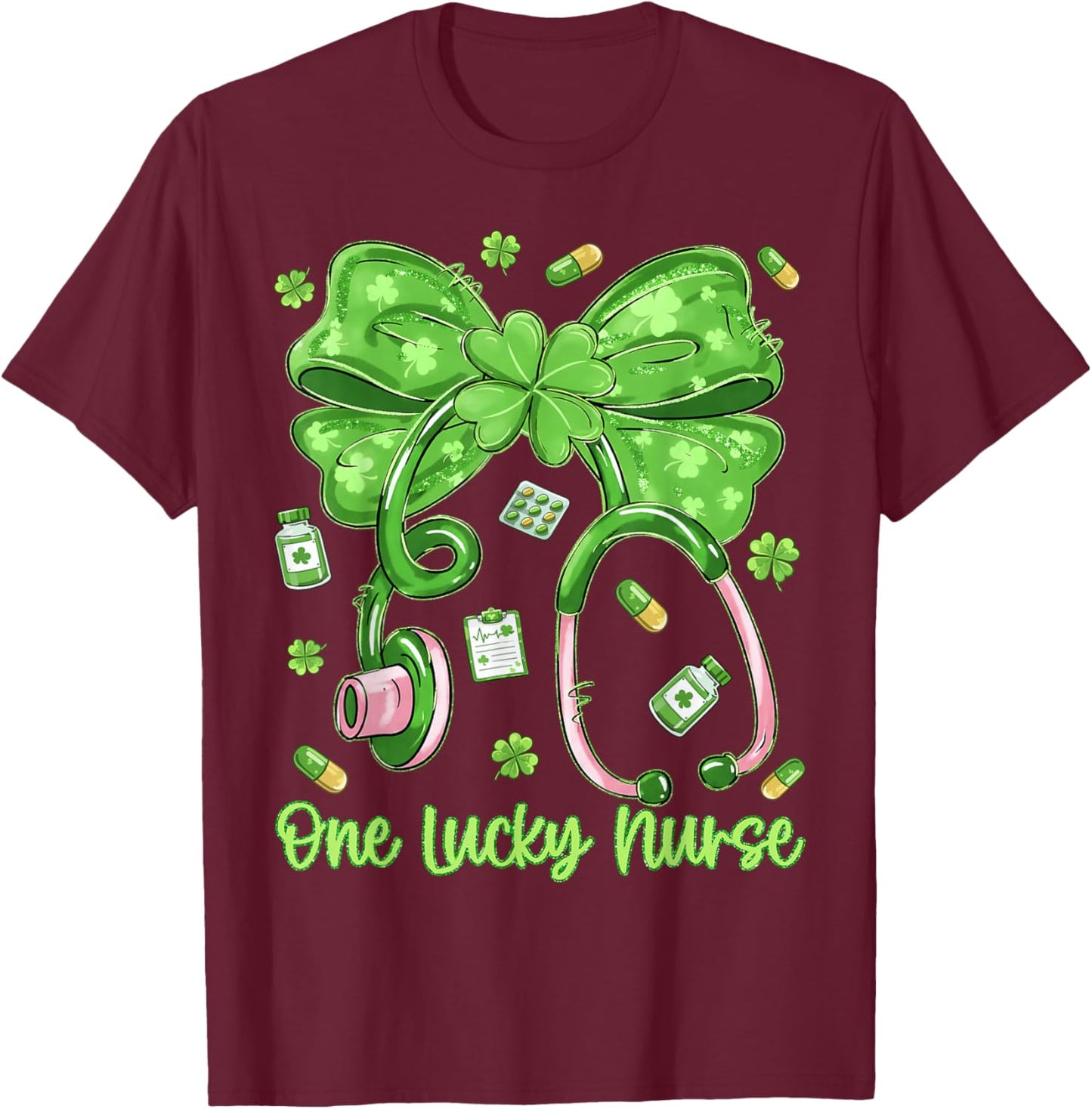 One Lucky Nurse Saint Paddys RN St Patricks Day Bow Nurses T-Shirt - T-Shirt | Maroon