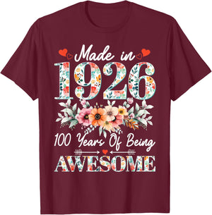 Retro Made in 1926 100 Years of Being Awesome Floral Gifts T-Shirt - T-Shirt | Maroon