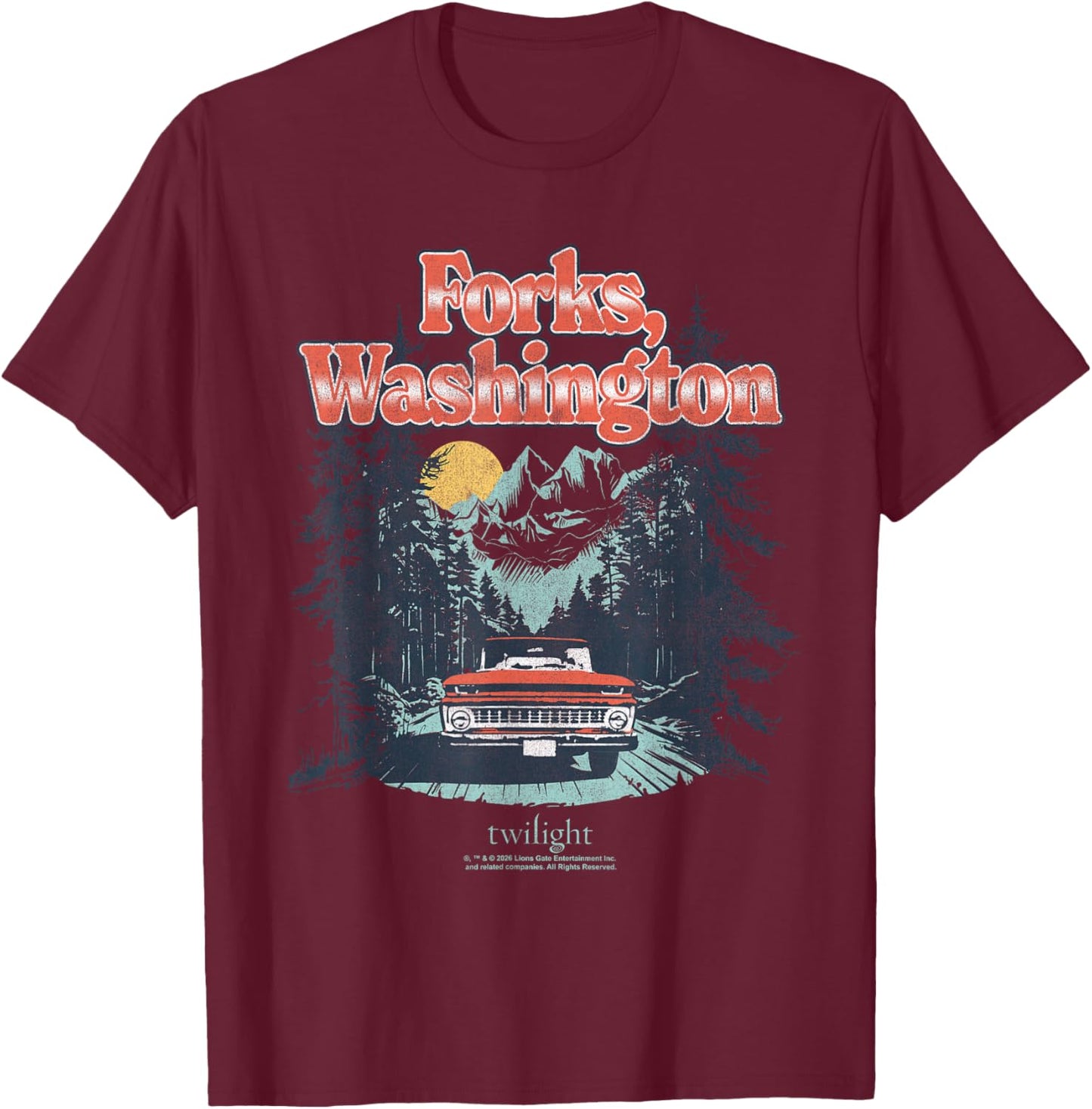 Twilight Retro Forks, Washington Truck Scene Souvenir Movie T-Shirt - T-Shirt | Maroon