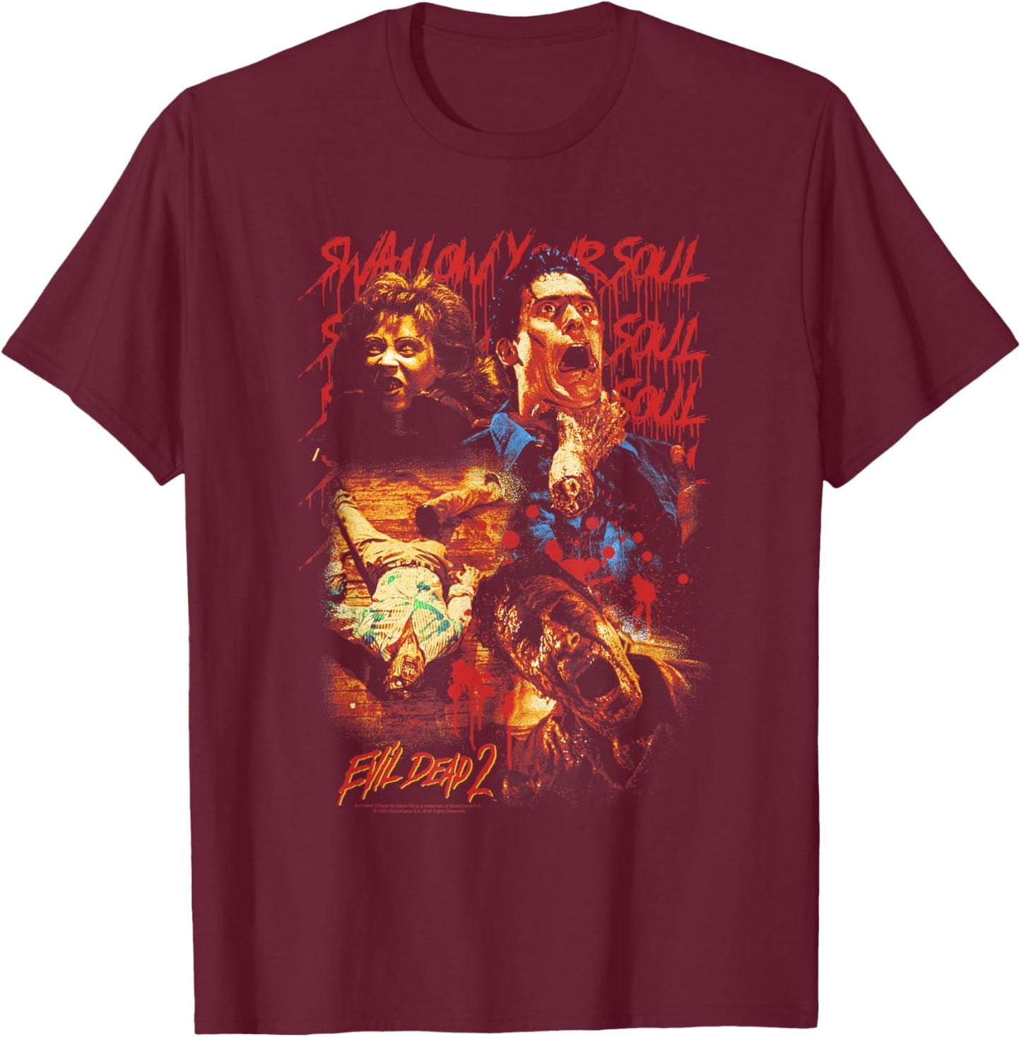 Evil Dead 2 Swallow Your Soul Collage Horror Movie T-Shirt - T-Shirt | Maroon