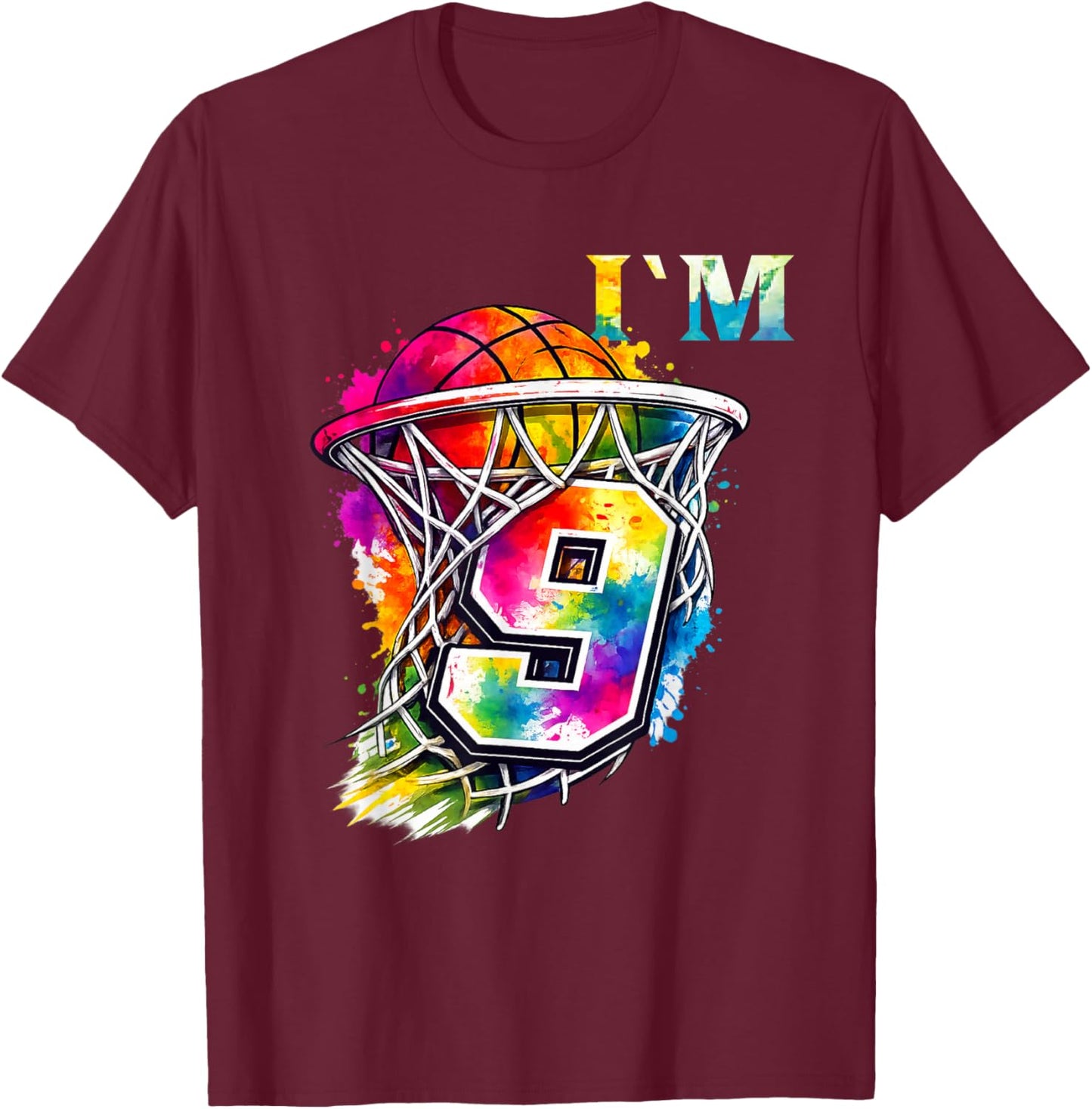 I'm 9 Basketball Theme Birthday Party Celebration 9th T-Shirt - T-Shirt | Maroon