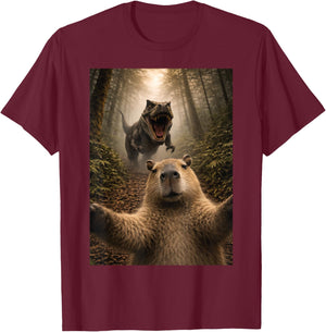 Funny Capybara Selfie with T-Rex Dinosaur Capybaras Lover T-Shirt - T-Shirt | Maroon