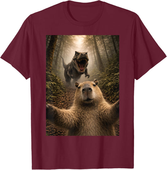 Funny Capybara Selfie with T-Rex Dinosaur Capybaras Lover T-Shirt - T-Shirt | Maroon