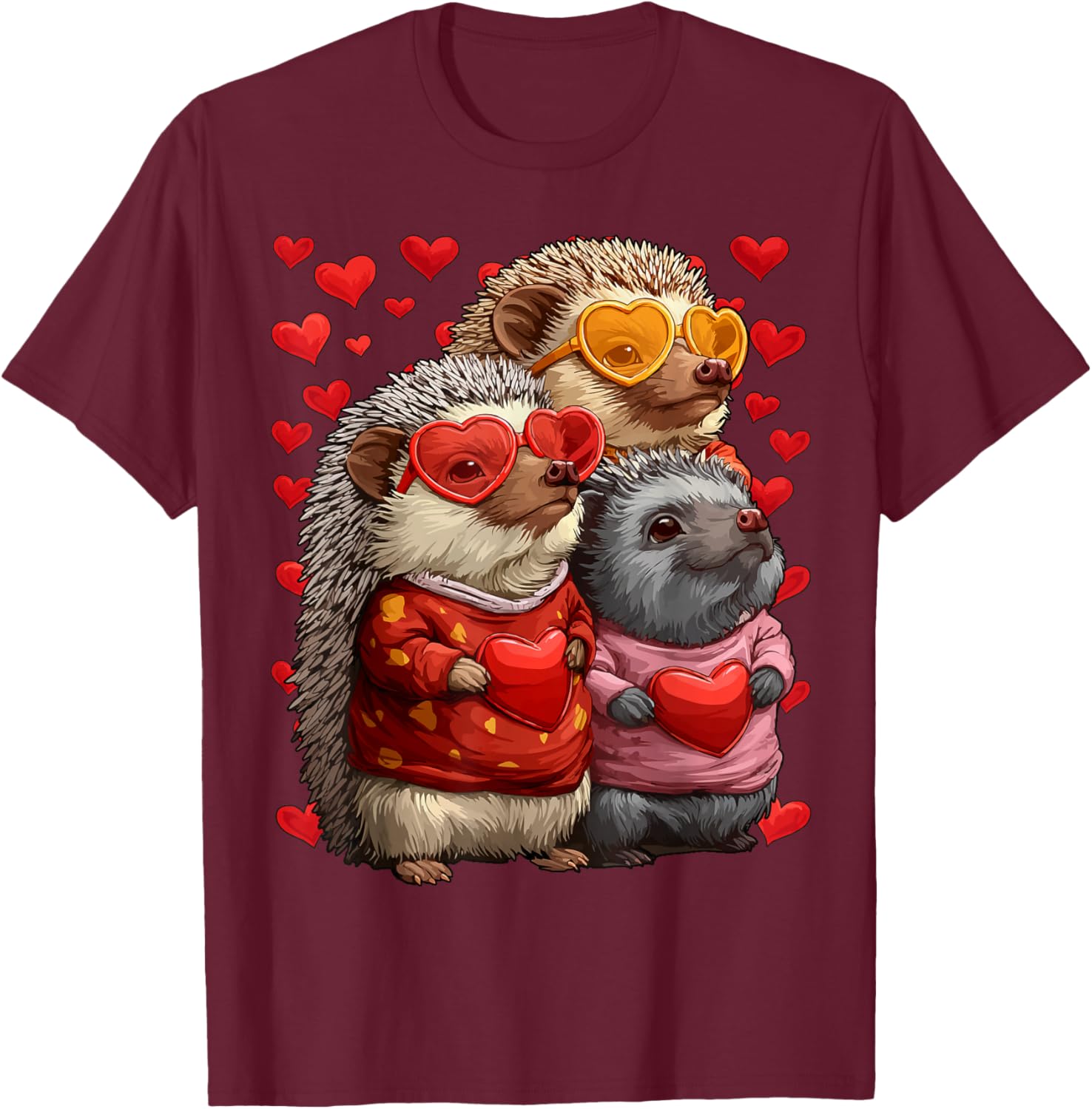 Cute Hedgehogs with Heart Sunglasses Valentines Day Hearts T-Shirt - T-Shirt | Maroon