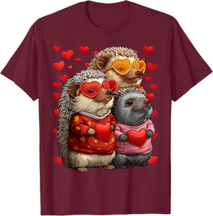 Cute Hedgehogs with Heart Sunglasses Valentines Day Hearts T-Shirt - T-Shirt | Maroon