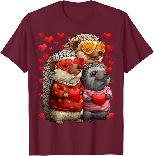 Cute Hedgehogs with Heart Sunglasses Valentines Day Hearts T-Shirt - T-Shirt | Maroon