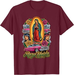Raza UNIDA Virgen DE Guadalupe Cholo Chicano Art T-Shirt - T-Shirt | Maroon