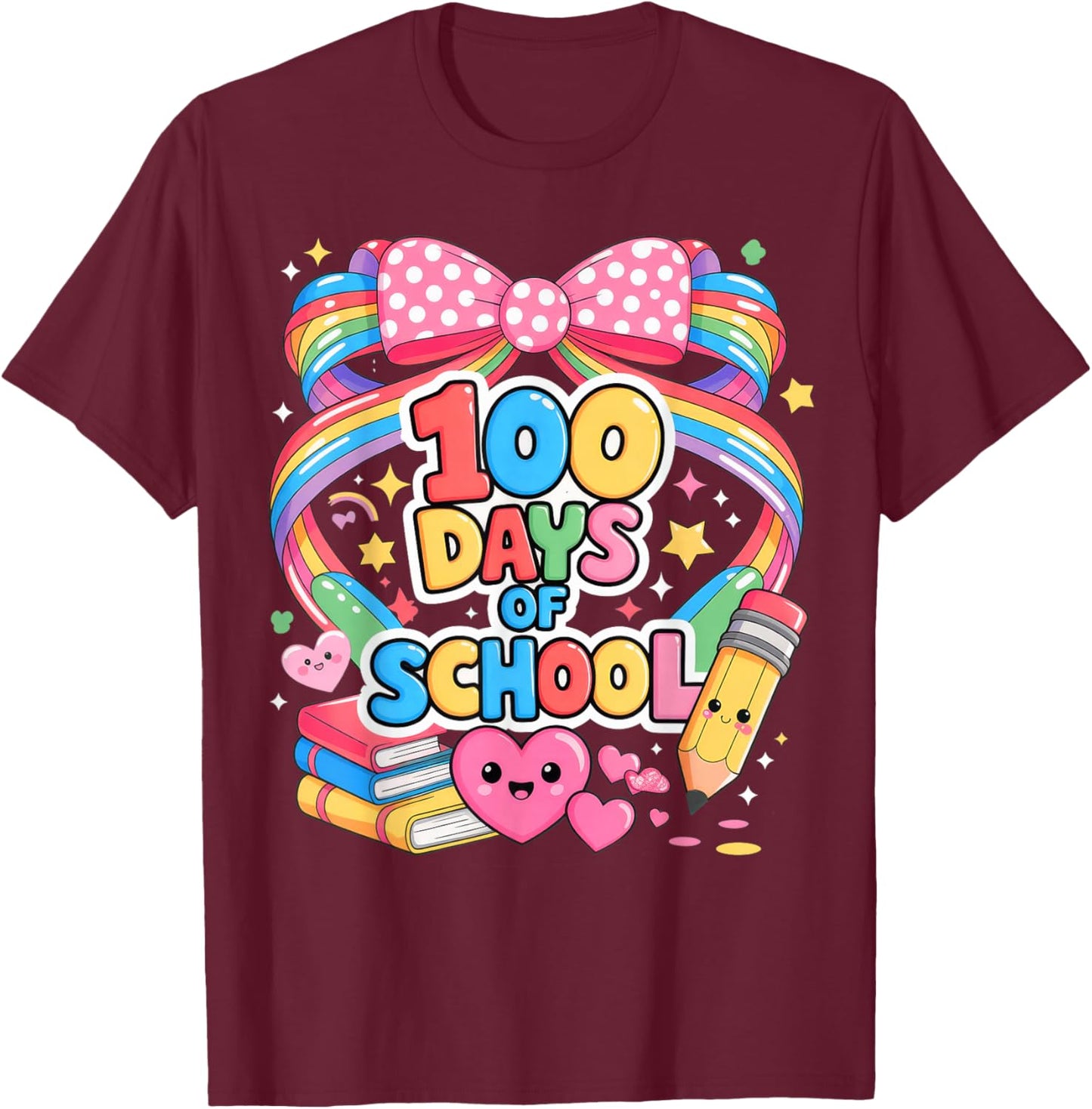 100th Day of School 100 Days Teacher Coquette Bow T-Shirt - T-Shirt | Maroon
