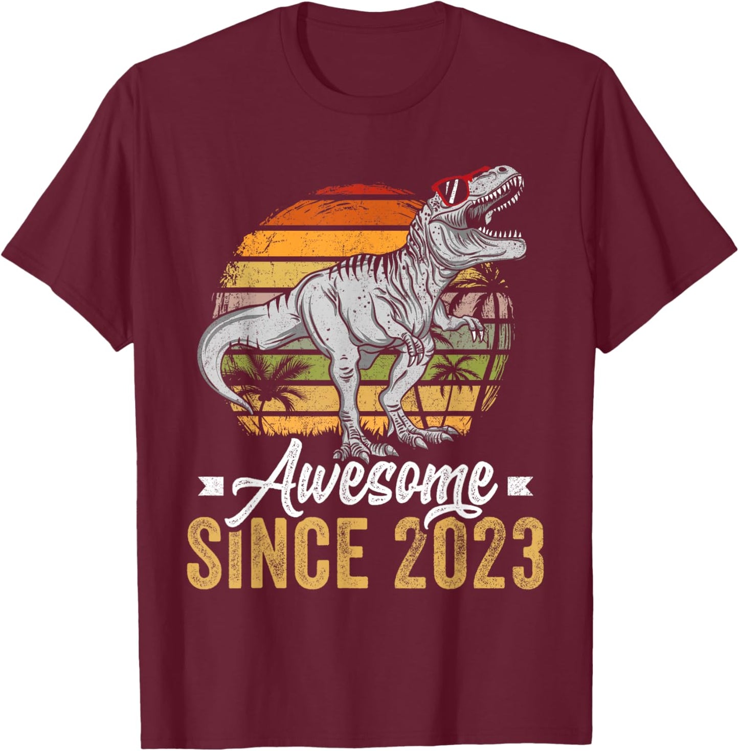 Awesome Since 2023 3 Years Old 3rd Birthday T-Rex Dinosaur T-Shirt - T-Shirt | Maroon