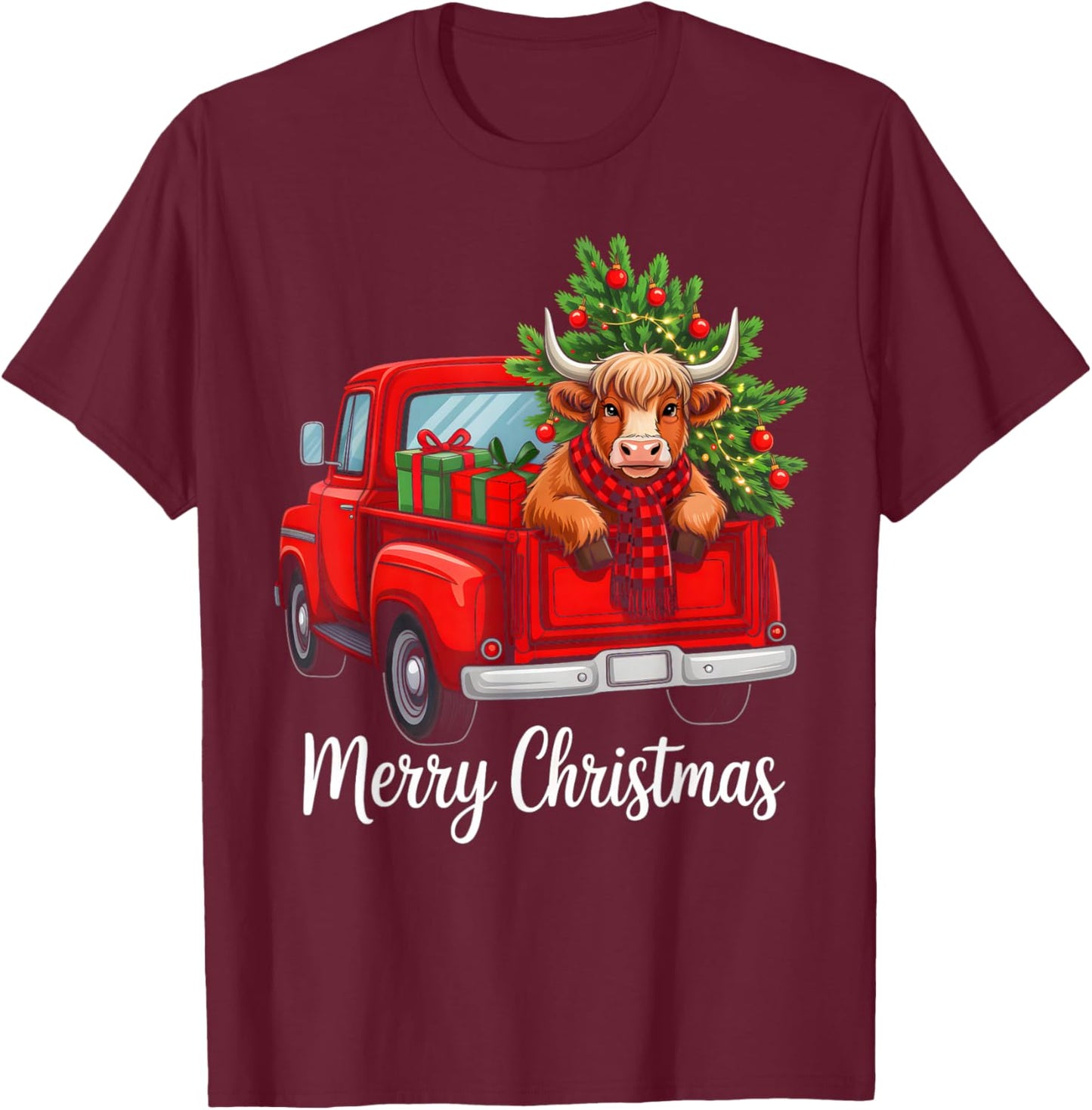 Merry Christmas Highland Cow Santa Hat Red Truck Xmas Tree T-Shirt - T-Shirt | Maroon