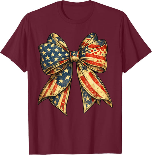 Vintage USA Bow in Red White Blue for Patriotic 4th of July T-Shirt - T-Shirt | Maroon