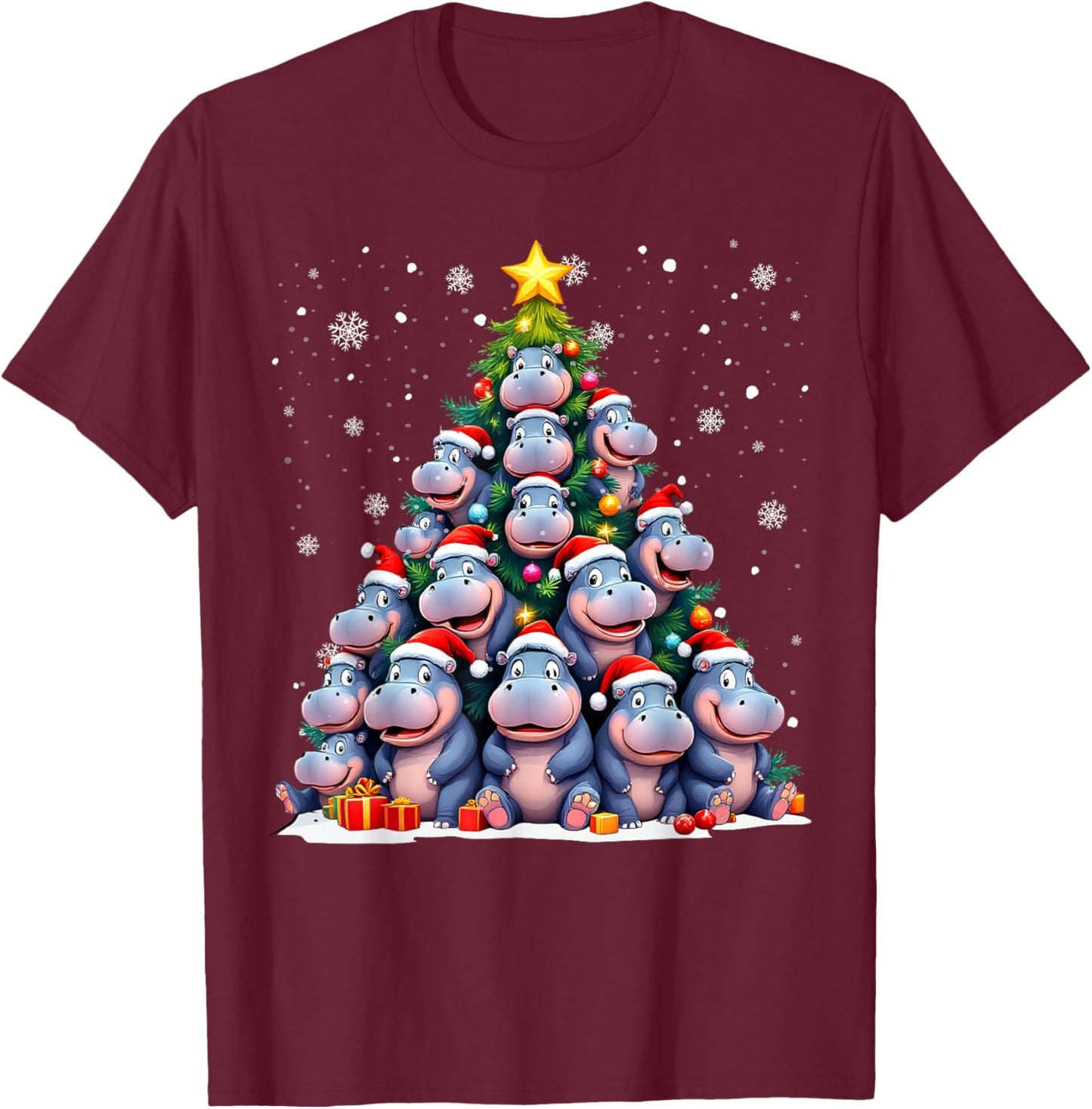 Funny Christmas Tree Hippo Family Xmas Pajamas T-Shirt - T-Shirt | Maroon
