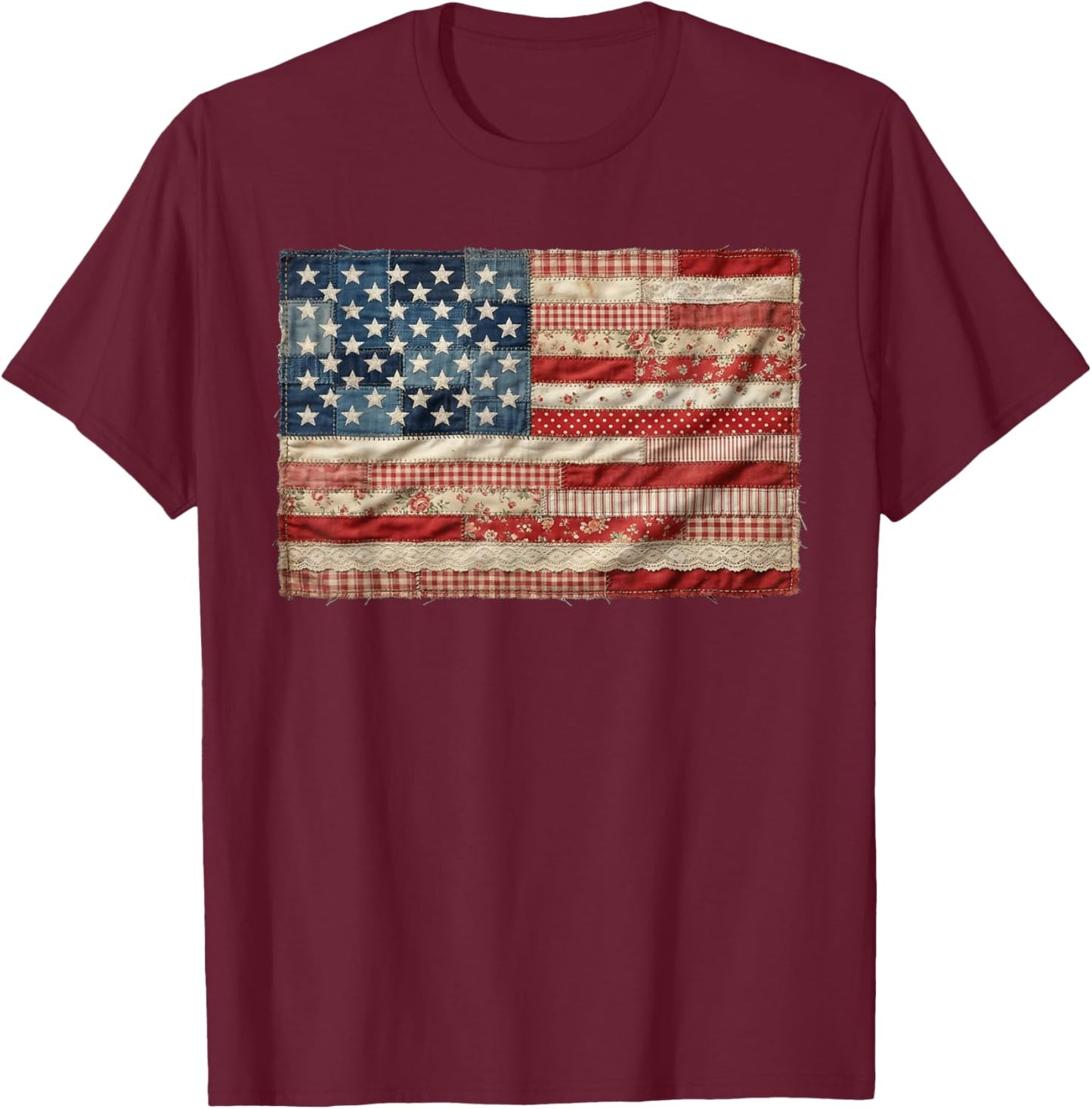 Vintage Patchwork American Flag Retro Patriotic 4th of July T-Shirt - T-Shirt | Maroon