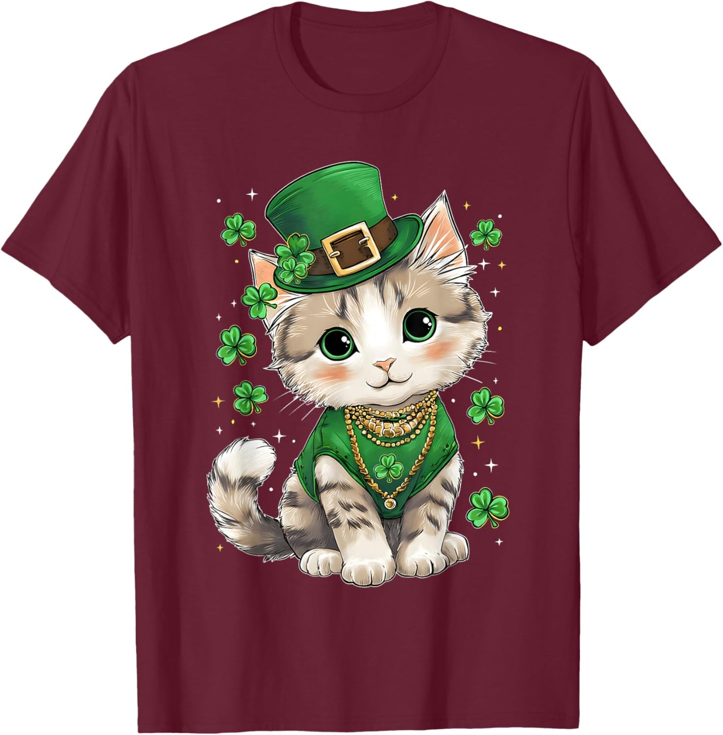 St Patricks Day Cat Leprechaun Hat Shamrock Saint Pattys Day T-Shirt - T-Shirt | Maroon