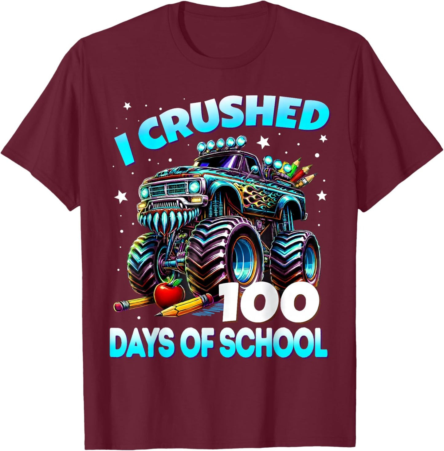 I Crushed 100 Days of School Monster Truck 100th Day Boys T-Shirt - T-Shirt | Maroon