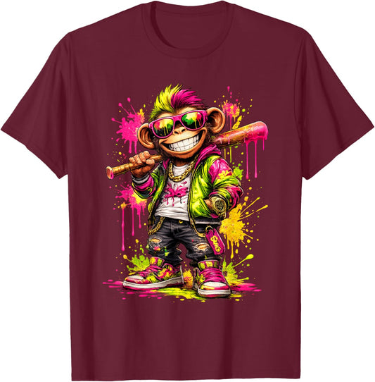 Monkey Baseball Drip Funny Animal Party Sport Cool Graphic T-Shirt - T-Shirt | Maroon