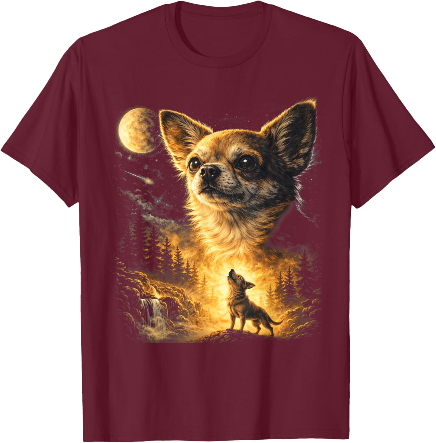 Chihuahua Howling The Moon Funny Chihuahua Meme Dog Parody T-Shirt - T-Shirt | Maroon