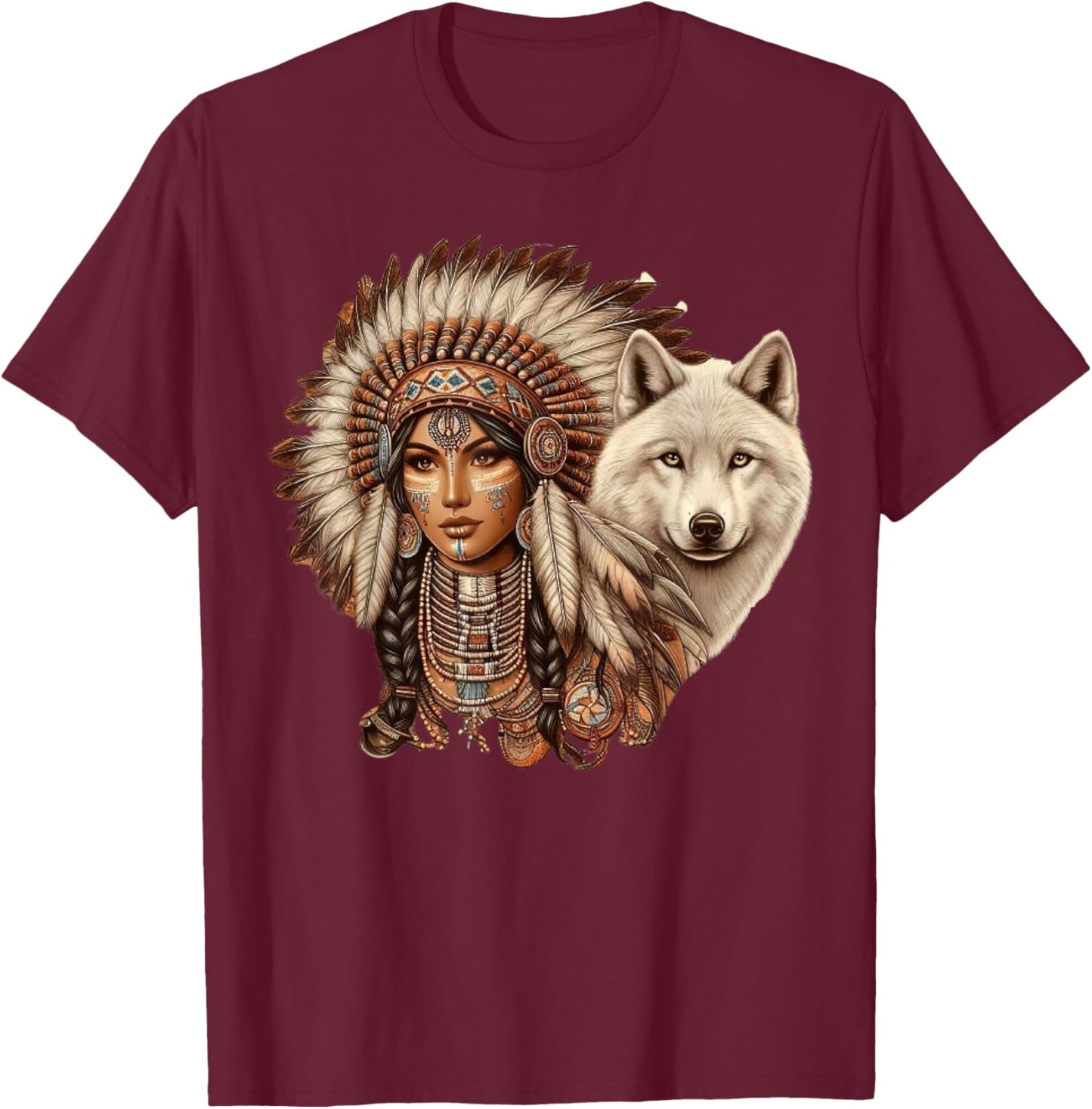 Indian Native American Woman with White Wolf Vintage T-Shirt - T-Shirt | Maroon