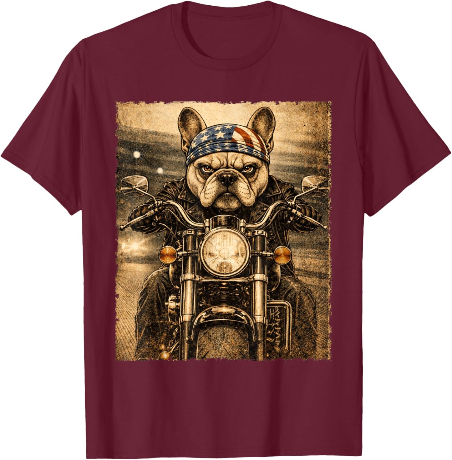 Vintage French Bulldog Dog Biker Frenchie Riding Motorcycle T-Shirt - T-Shirt | Maroon