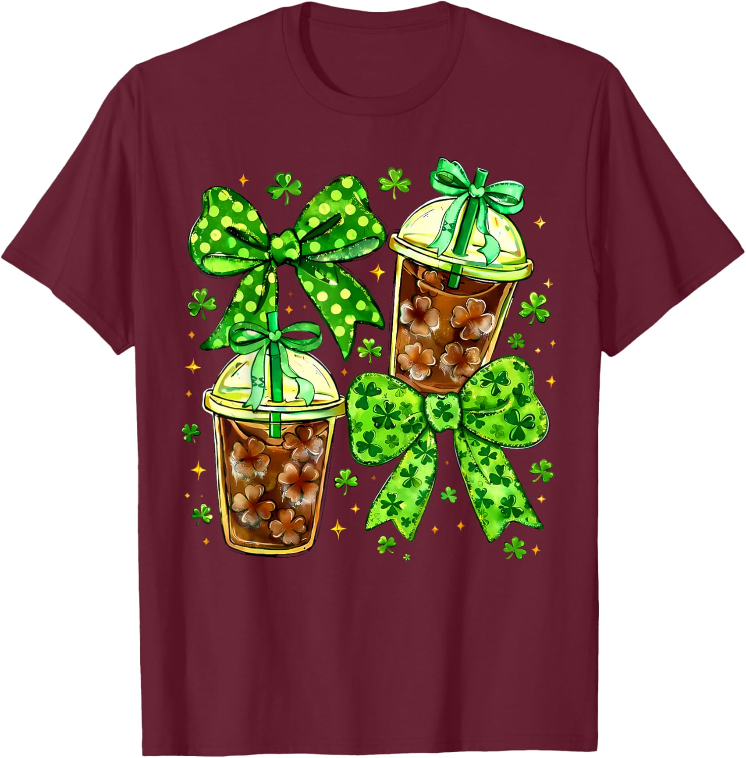 Coquette St Patricks Iced Coffee Cute Green Bow Coffee Cups T-Shirt - T-Shirt | Maroon