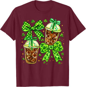 Coquette St Patricks Iced Coffee Cute Green Bow Coffee Cups T-Shirt - T-Shirt | Maroon