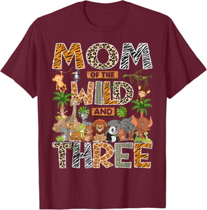 Mom of The Wild & Three 3rd Birthday Boy Safari Jungle T-Shirt - T-Shirt | Maroon