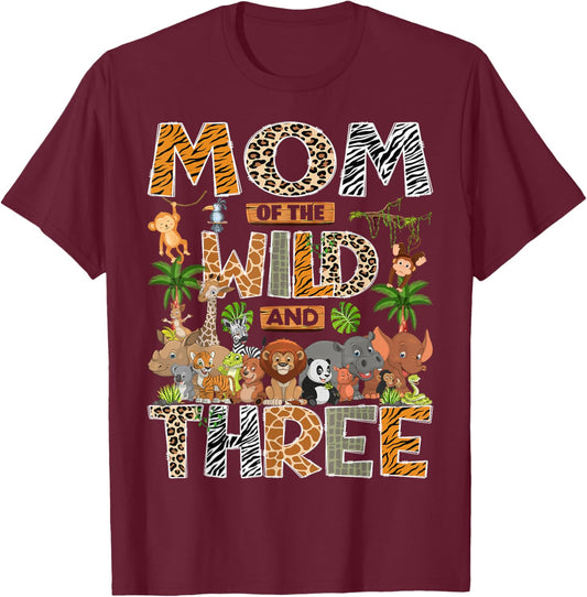 Mom of The Wild & Three 3rd Birthday Boy Safari Jungle T-Shirt - T-Shirt | Maroon