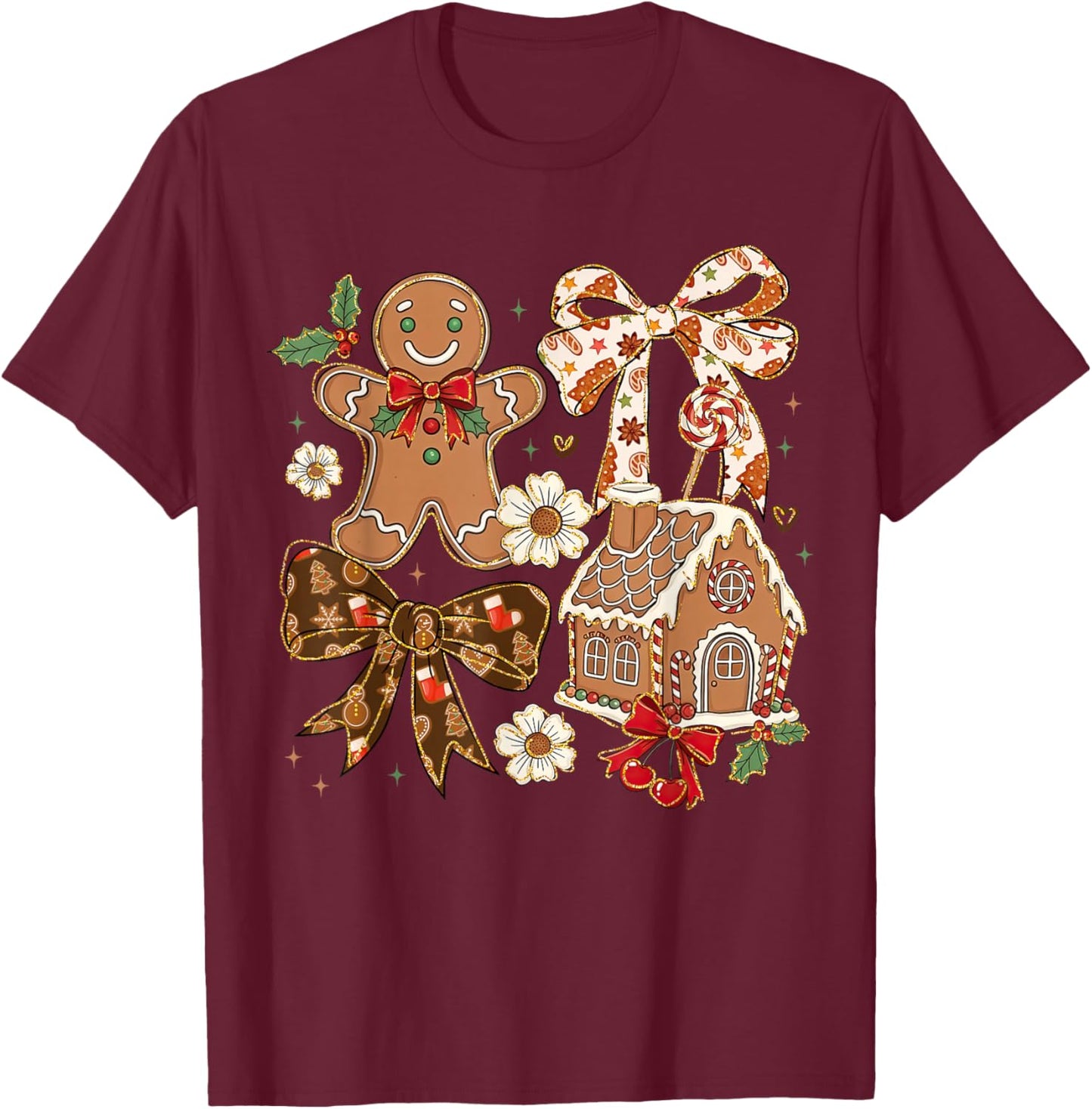 Christmas Gingerbread House Coquette Bow Xmas Girls Women T-Shirt - T-Shirt | Maroon