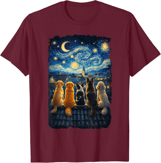 Funny Dog Starry Night Van Gogh Dogs Rooftop Scene T-Shirt - T-Shirt | Maroon