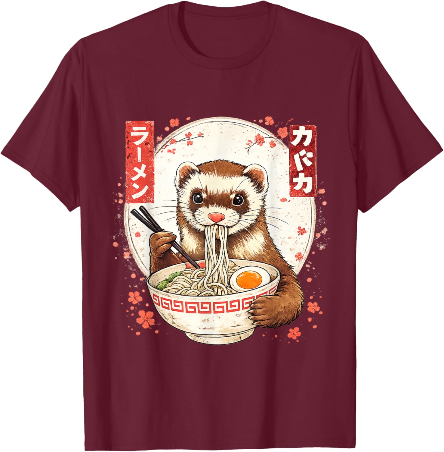 Funny Kawaii Ferret Eating Ramen Japanese Noodles Soup T-Shirt - T-Shirt | Maroon